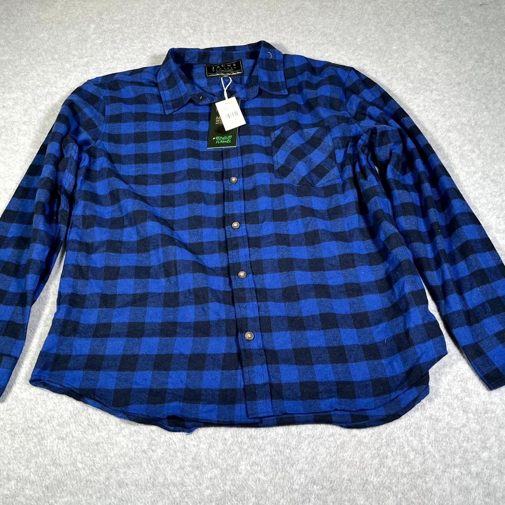 Jachs New York Flannel Shirt Men XL Navy Blue Check Long Sleeve Casual Button Up